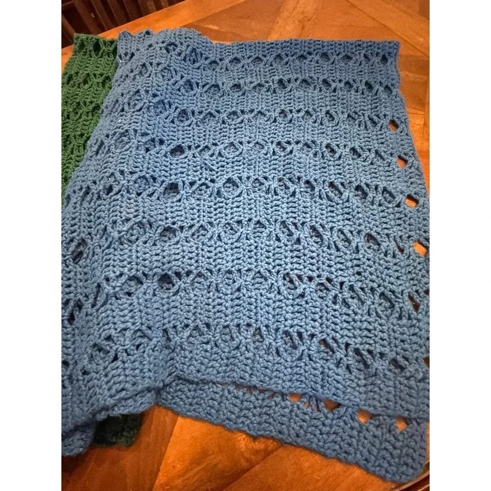 Handmade Granny Crochet Throw Blanket Green Blue Two Tone Open‎ Weave Boho Wrap